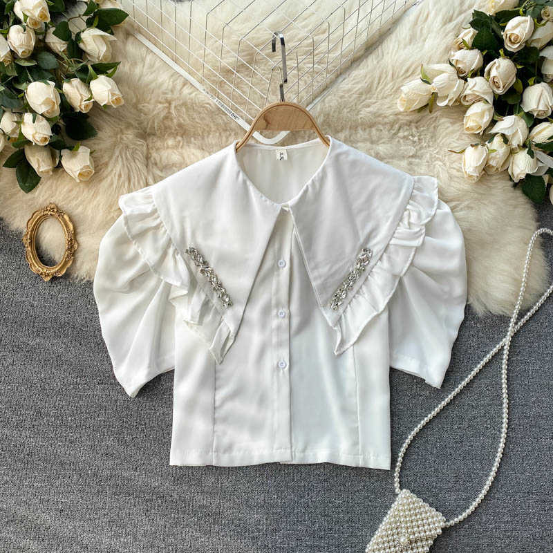 Puff Sleeve Women Blouses Korean Peter Pan Collar Shirts Summer Slim Short Top Blusas Feminimo Camisas Mujer 6H507 210603