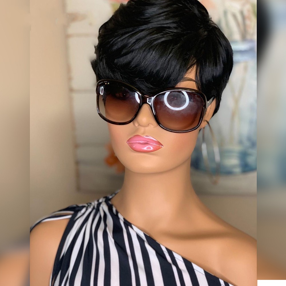 Short Straight Bob Pixie Cut Non Lace Front Human Hair Wigs With Bangs For Black Women Brazilian Wig
