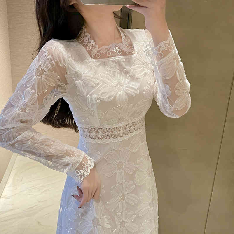 Spring Fashion Flower Lace Embroidery Midi Dress Sweet Women Long Sleeve White Casual Slim Party Dresses Robe Vestidos 210519