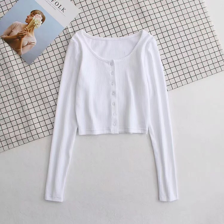 90's Vintage O neck Long Sleeve Tee Base T-shirts Cool Girl Single-breasted Button Short T-shirt crop top white 4 colors 210429