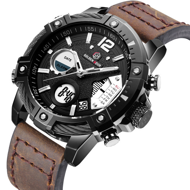 GOLDENHOUR Top Brand Men Dual Display Fashion Quartz Watch Mens Waterproof LED Digital Clock Military Leather Casual Wristwatch 210517, Blue blue blue 
GOLDENHOUR Top Brand Men Dual Display Fashion Quartz Watch Mens Waterproof LED Digital Clock Military Leather Casual Wristwatch 210517, Blue blue blue