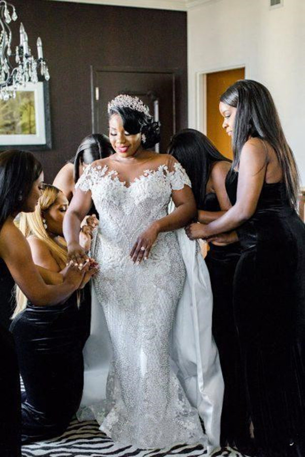 Luxury Mermaid Wedding Dresses with Detachable Train Aso Ebi African Arabic Sheer Neck Lace Crystal Bridal Dress Plus Size