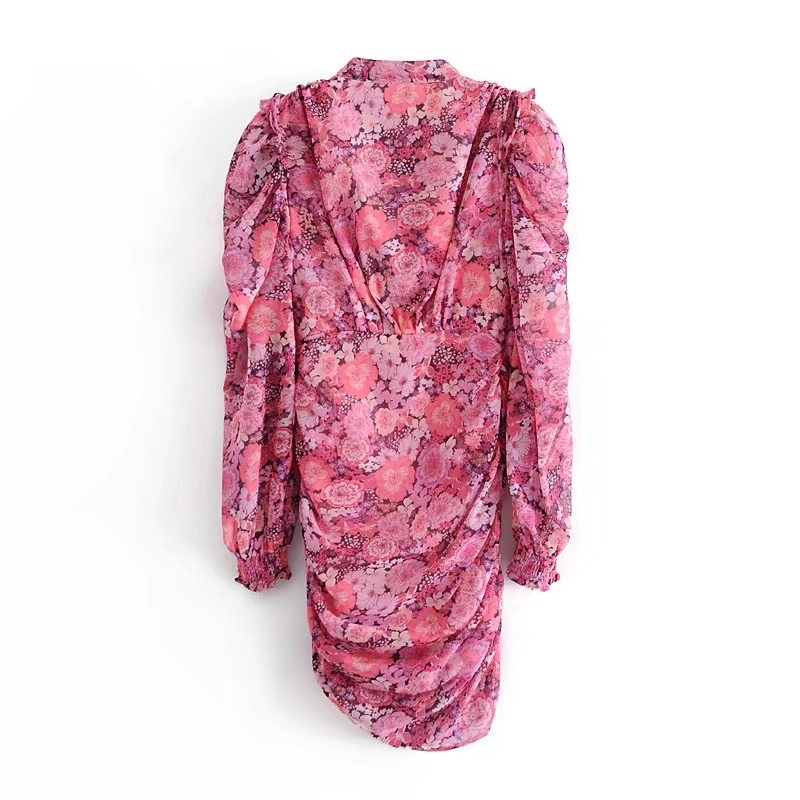 Romantic Ruched Package hips Floral Print Mini Dress Women Sexy Lacing up Tie Bow Collar Short Irregular Party Dresses Vestido 210429