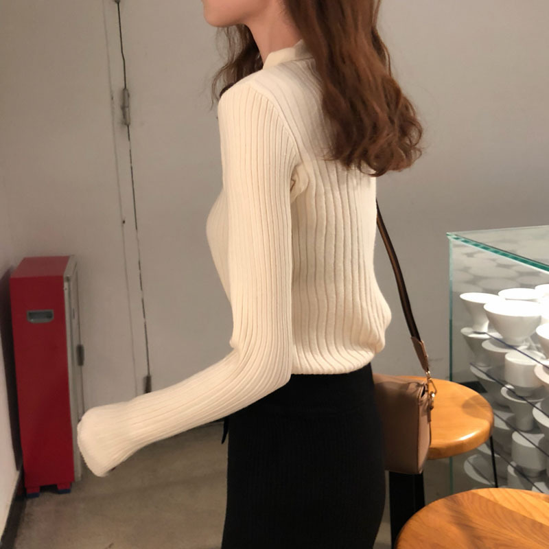 Turn Down Collar Button Eibbed Solid Stripe Knitwear Tops Women High Elastic Slim Sweater Base Shirt Elegant Knitted Jumper 210522