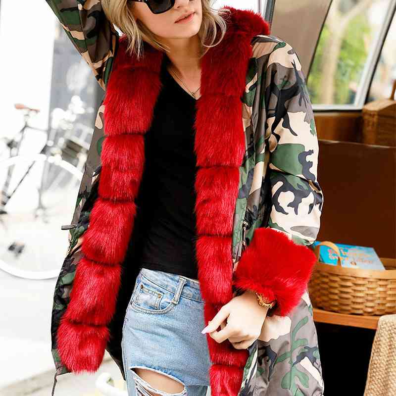 Women's Winter Coats Elegant Drop Hooded Faux Fur Jacket Thick Warm with Cardigan Long Sleeve Women 210428