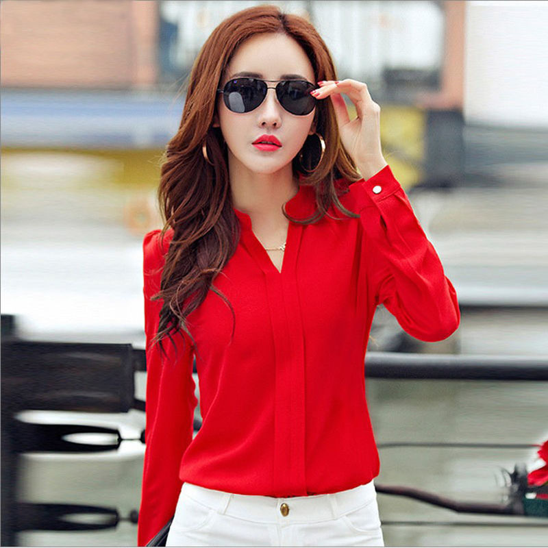 Long Sleeve Shirt Women Autumn Clothing Fashion Slim Chiffon Blouse V Neck Korean Elegant Ladies Office Shirts White Red DF2324 210323