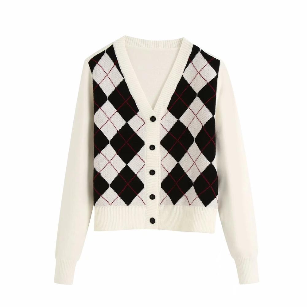 Women Cardigan Vintage Sweet Short Knitted Sweater Geometric Pattern Long Sleeve England Style Female Outerwear Chic Tops 210521