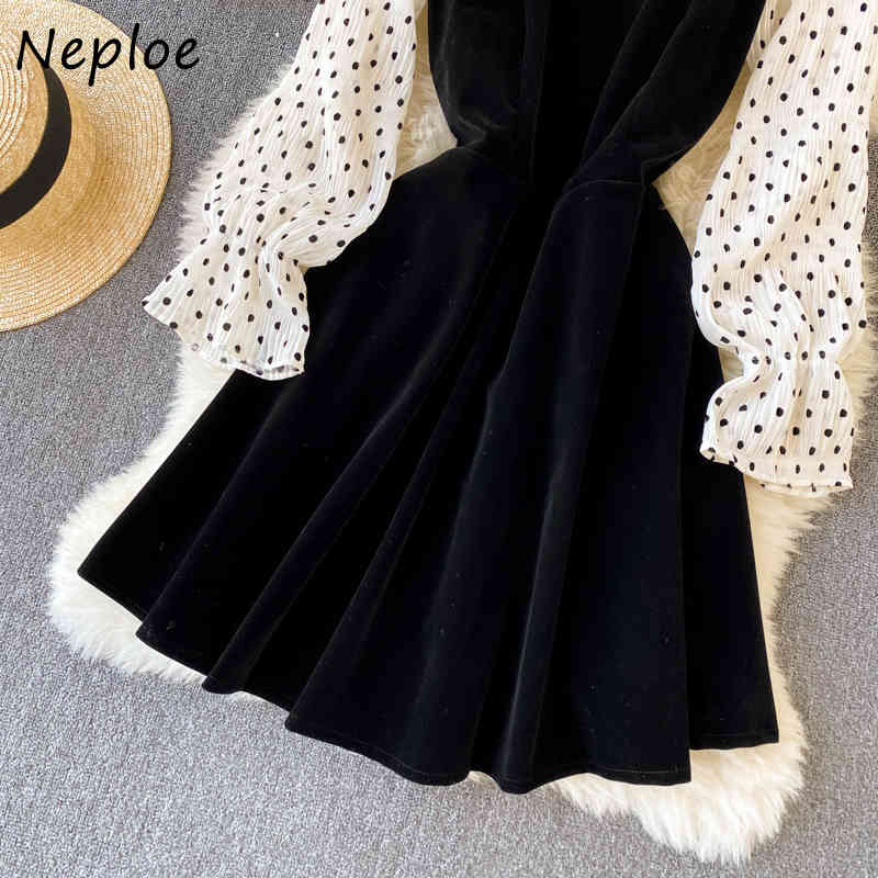 Neploe Spring Slim 2 Piece Set Women O Neck Flare Sleeve Polka Dot Blouse Tops + High Waist H Camis Dress Spring New Suit 210422