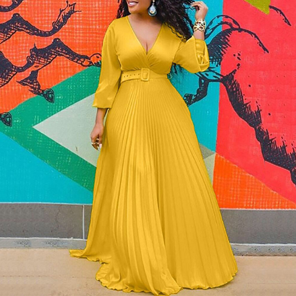 Women Chiffon Pleated Dress High Waist Floor Length Long Sleeve Deep V Neck Yellow Elegant For Evening Party Night Dresses 210510