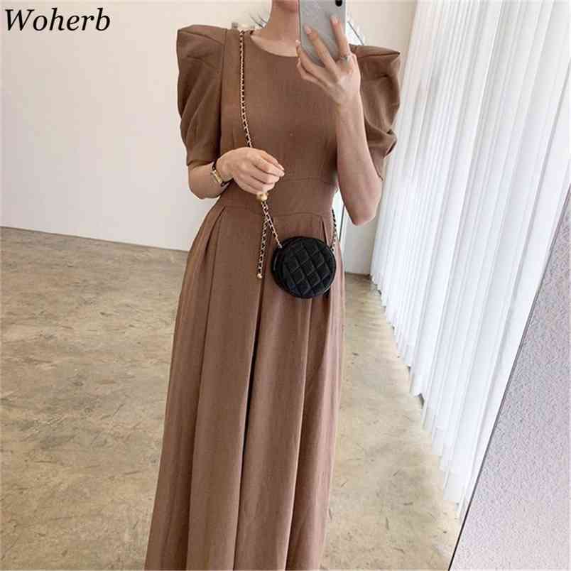 Simple Temperament Dress Women Korean O Neck Puff Short Sleeve Slim A-line Vestidos Vintage Pleated Party Maxi Dresses 210519, Camel
Simple Temperament Dress Women Korean O Neck Puff Short Sleeve Slim A-line Vestidos Vintage Pleated Party Maxi Dresses 210519, Camel