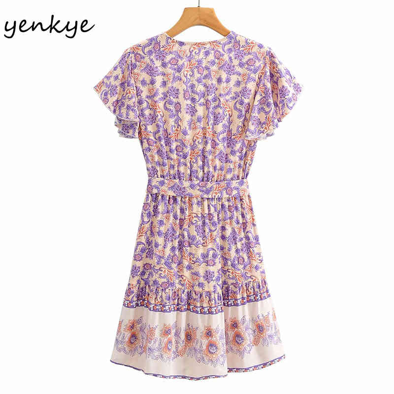 YENKYE Holiday Summer Casual Dress Women Vintage Floral Print Vestido Mujer Free Belt V Neck Short Sleeve Dress 210515