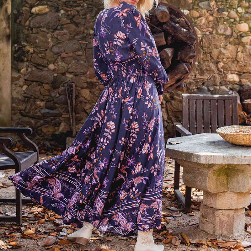 Women Dress Printed Bohemia Sexy Long Print Floral Maxi es V Neck Sleeve Large Hem Plus Size es 210513
