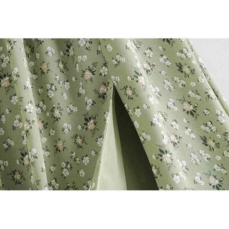 Vintage French Style Elastic Ruched Body Floral Print Women Dress Ruffles Square Collar Hem Slit Midi Dresses Beach Holiday 210429