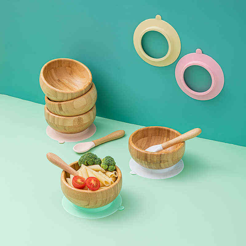 Baby Dinner Plate Baby Feeding Bowl Children's Dishes Wooden Kids Feeding Dinnerware With Silicone Suction Cup Wooden Spoon 211027