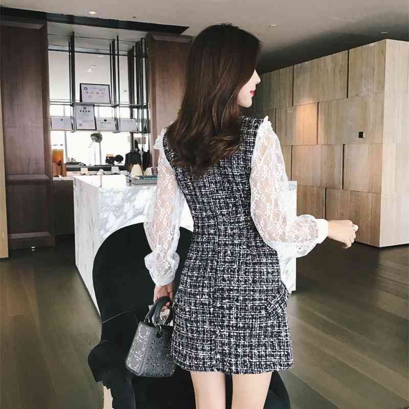 Autumn Winter 2 Piece Set Dress Women Ruffles Bow Shirt Lace Top+Double Breasted Plaid Tweed Vest 210519