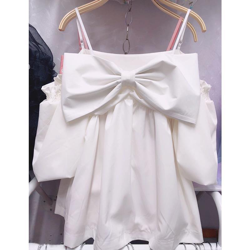 Nomikuma Sweet Bowknot Sling Blouse Shirt Puff Sleeve Strapless Korean Women Tops Summer New Blusas Mujer De Moda 6H365 210427