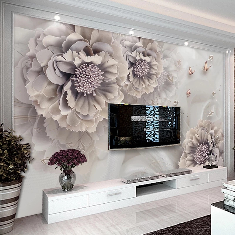 Custom 3D Wallpaper Peony Flower Butterfly Jewelry 3D Relief Painting Mural Living Room Sofa TV Background Wall