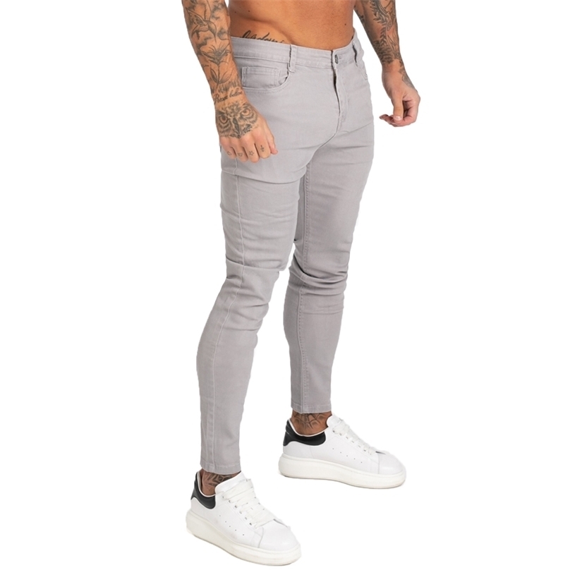 GINGTTO Denim Pants Men Skinny Slim Fit Grey Jeans for Hip Hop Ankle Tight Cut Closely to Body Big Size Stretch zm175 211111