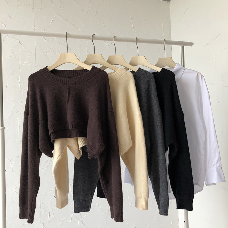 Nomikuma Spring New Women 2pieces Suits Long Sleeve Causal Solid Blouse + Super Short Knitted Pullovers Korean Sets 6E094 210427