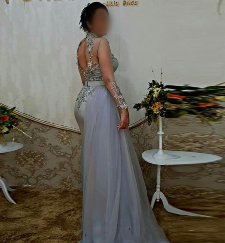 Applique Lace Mermaid Moroccan Kaftan Dubai Evening Dress With train dusty blue Long Sleeves Muslim Saudi Arabia Prom Gown