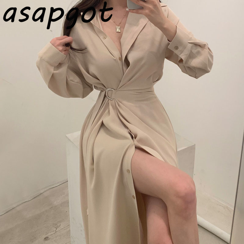Temperament Elegant Chic Turn Down Collar Lace Up Waist Long Sleeve Shirts Dress Women Plus Size One Pieces Vestidos De Mujer 210429