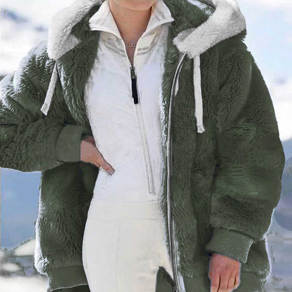 For Women's Winter Hooded Jacket Fashion Cardigan Zipper Casual Loose Solid Color Plush Long Sleeve Warm Fur Cotton Clothes 211019