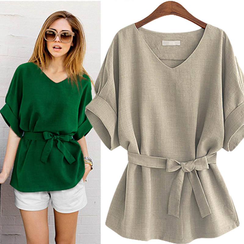 Women Spring Summer Style Blouses Shirt Lady Casual Short Sleeve V-Neck Solid With Leather Belt Women's Loose Tops DF3528 210317