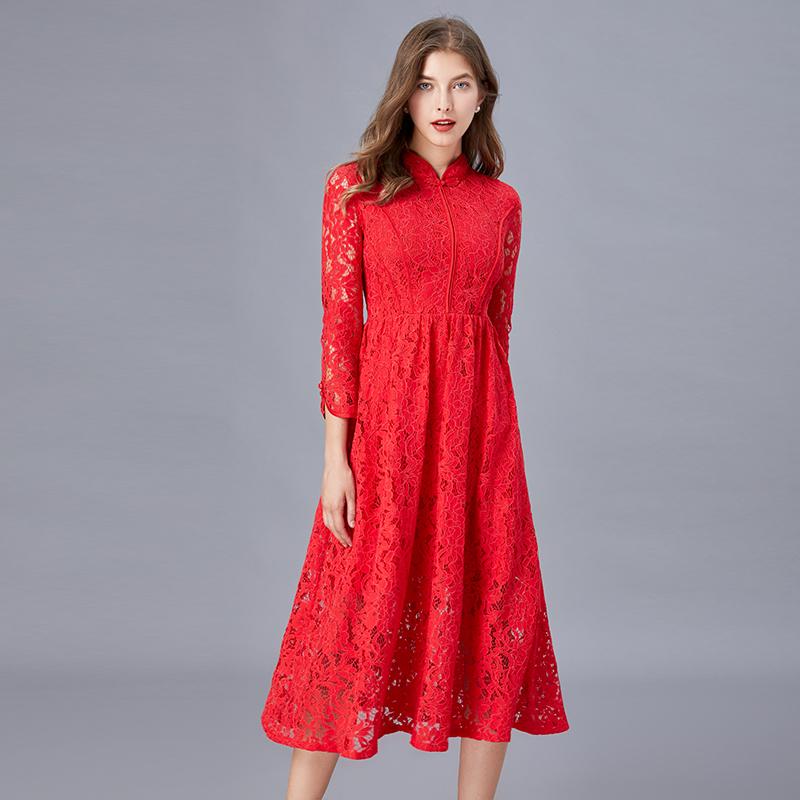 Red Brand Dress Spring And Autumn Standing Collar Lace Cheongsam Wedding Bridal Toast Casual Dresses