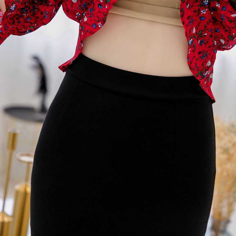 SEXMKL Womens Korean Pencil Skirt Fashion Elegant High Waist Ruffle Black Office Ladies Sexy Plus Size Red Jupe 210621