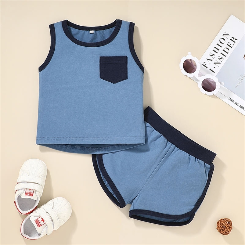 Summer Children Sets Casual Sleeveless O Neck Pocket Tops Patchwork Shorts 2Pcs Girls Boys Clothes Set 0-2T 210629, Blue
Summer Children Sets Casual Sleeveless O Neck Pocket Tops Patchwork Shorts 2Pcs Girls Boys Clothes Set 0-2T 210629, Blue