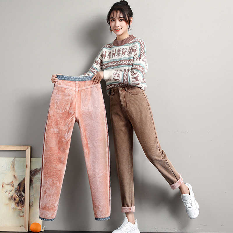 Winter Jeans for Women Velvet Thick Warm Denim Pants High Waist Fleece Mom Vintage Wide Leg AnkleLength Harem 210922