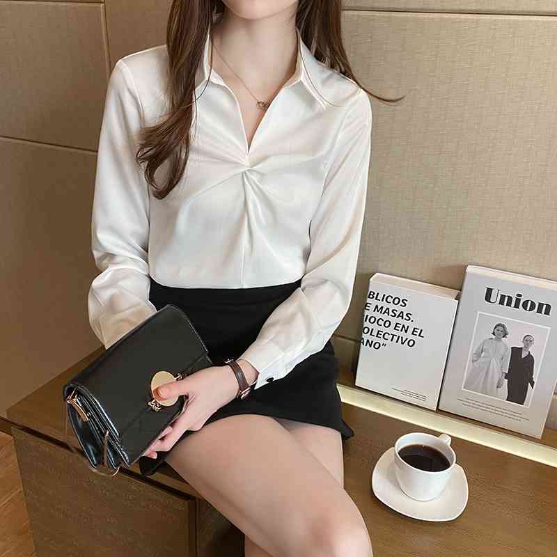 Satin Women Blouse Pullover Straight Shirt Long Sleeve Female Shirts Autumn Korean Elegant All-match Tops 10507 210508