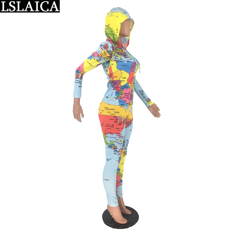 Two-piece Suit Tracksuit for Women Long Pants and Zipper Hooded Tops Set Map Print Female Lounge Wear Casual 2 Piece Autumn 210515
