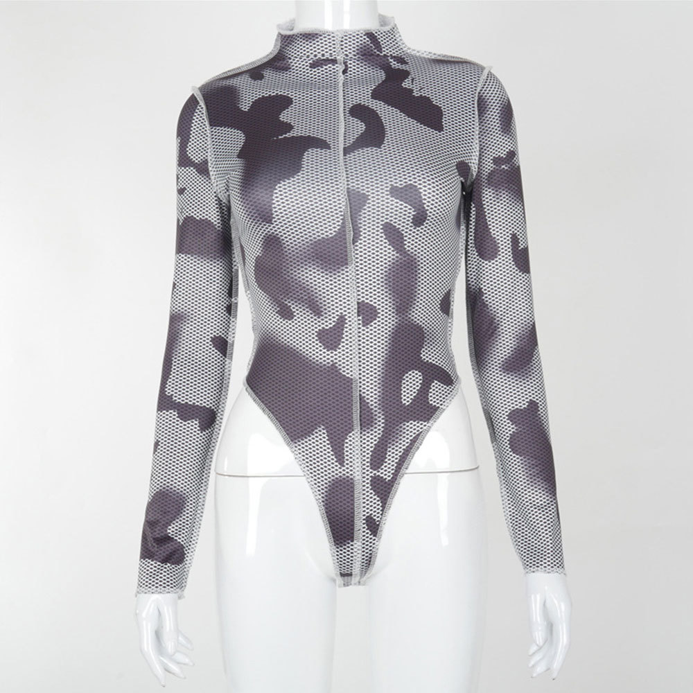 Women Winter Europe America High collar Printing Long Sleeve Show waist Slim Bodysuit Sexy Street Party Club 210428