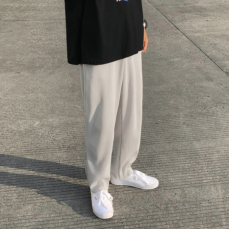 Men' Pants Streetwear Mens Pleated Straight Casual Elastic Waist 2021 Spring Summer Loose Korean Male Trousers 2N9V, White