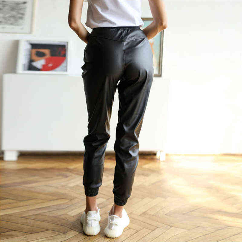 Fashion PU Pants For Women Full Length Pencil Faux Leather Solid Elastic Waist Drawstring Casual Loose Office Lady 211115