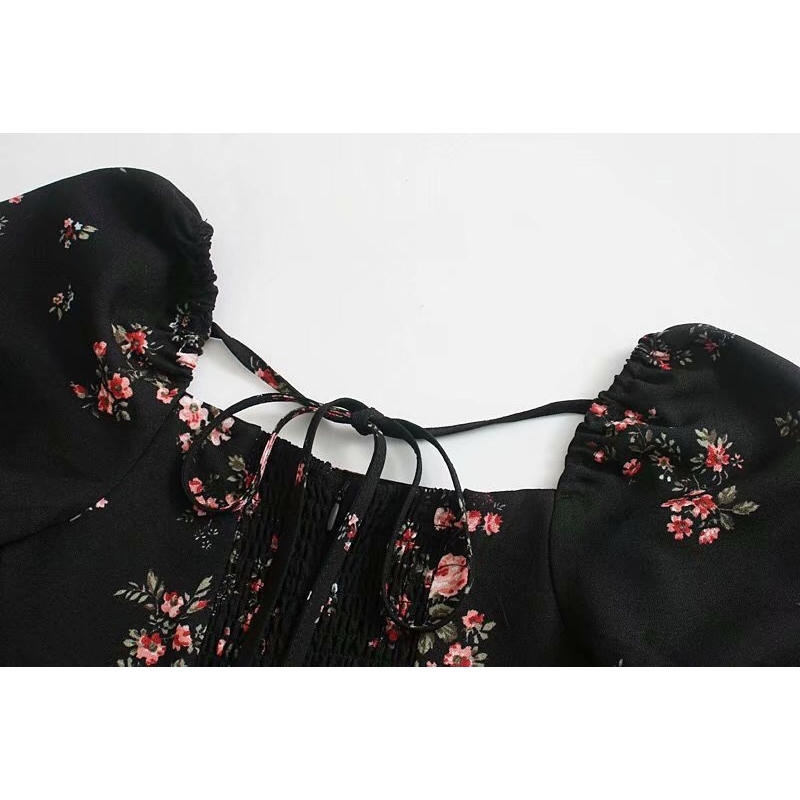 Vintage French Style Long sleeve Floral Print Women Dress Black Square Collar Hem Splice Ruffles Midi Dresses Beach Holiday 210429