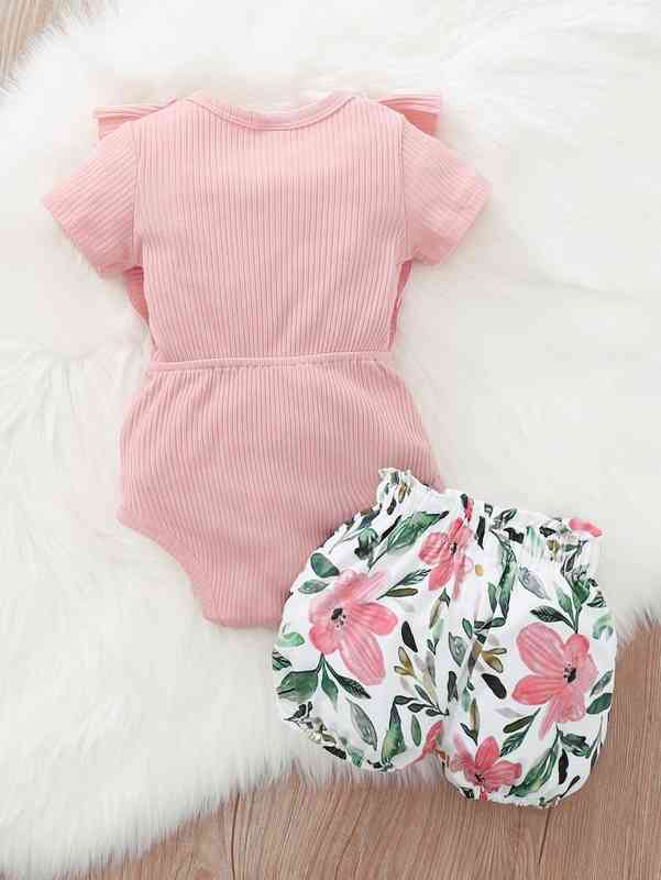 Baby Girl Ruffle Bow Front Bodysuit With Floral Shorts SHE