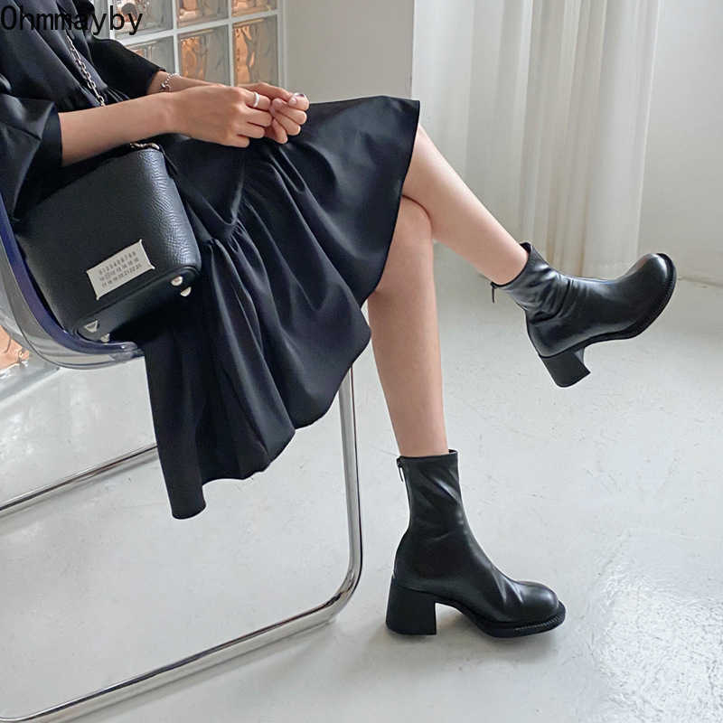 Women Ankle Boots Woman Square High Heel Fashion Zipper Women's Shoes 2021 Autumn Winter Soft Leather White Short Female Booties Y0905