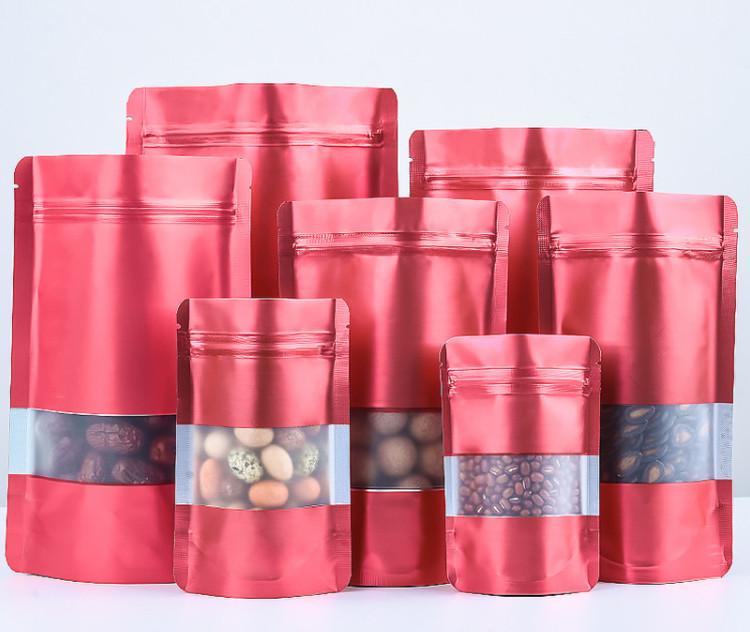 100pcs Stand up Matte Red Window Zip Lock Aluminum Foil Bag Resealable Meat Coffee Powder Snack Nuts Xmas Wedding Gifts Heat Sealing Packaging Pouches