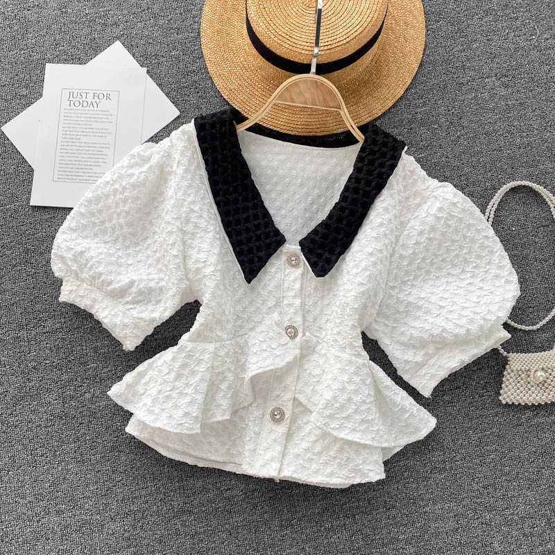Vintage Blouse Sweet Puff sleeve Lapel Color macthing Shirt Ruffles Pearl button Slim Women's Tops 210525, White
Vintage Blouse Sweet Puff sleeve Lapel Color macthing Shirt Ruffles Pearl button Slim Women's Tops 210525, White