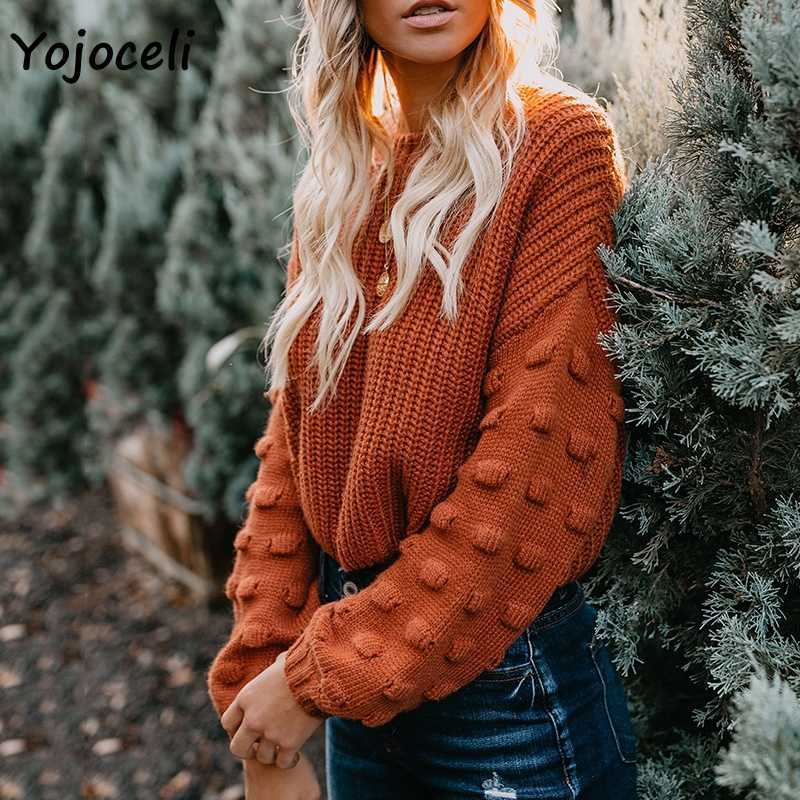 Yojoceli cute puff sleeve knit sweater jumper women long round neck knitted pullover 210609