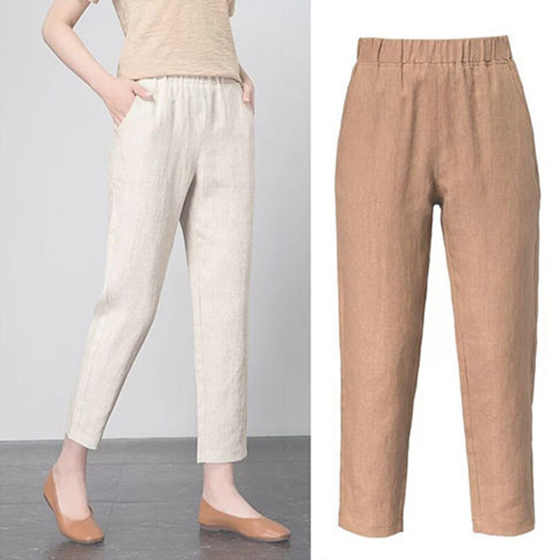 Spring Summer Korean Fashion Women Pants Plus Size Elastic Waist Loose Harem all-matched Casual Cotton Linen D165 210512