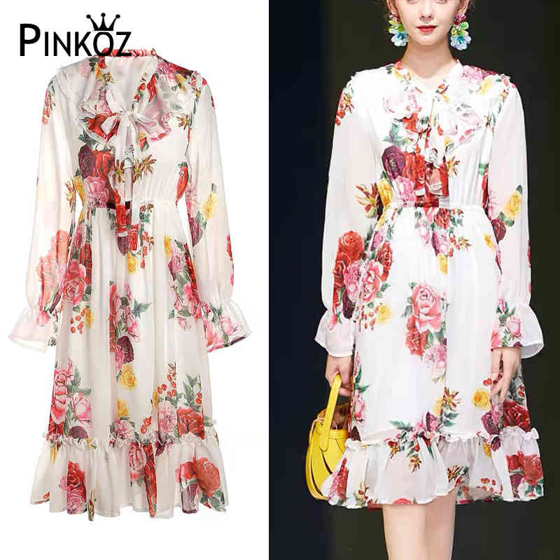 ruffles ruched flower printed midi dress elegant lady white chiffon boho dresses casual party plus size robe vestidos 210421