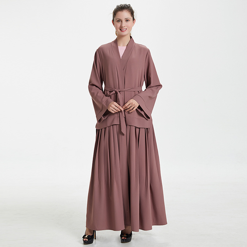 Muslim Kimono Kaftan Abaya Dress Women Lace-up Ruffle Hijab Dress Outwear Long Robes Solid Color Dubai Arab Islamic Clothing
Muslim Kimono Kaftan Abaya Dress Women Lace-up Ruffle Hijab Dress Outwear Long Robes Solid Color Dubai Arab Islamic Clothing