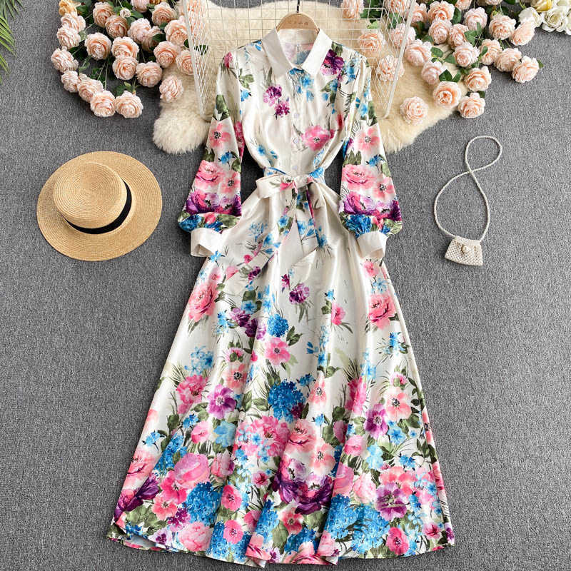 DEAT Women Printing Dress Turn-down Collar Long Sleeve Arrivals Lady Temperament Fashion Spring Autumn 11D2014 210709