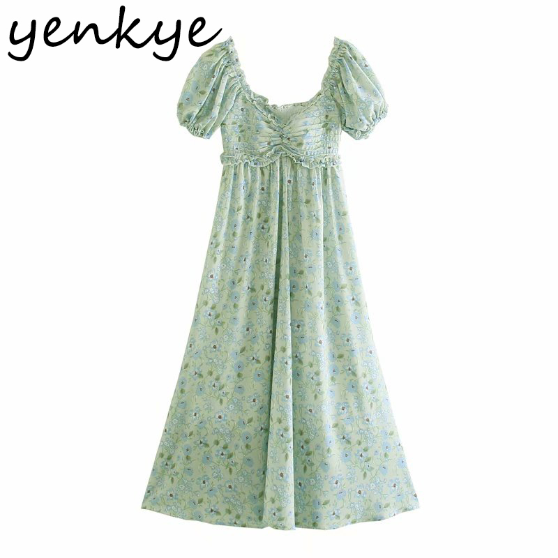 Summer Women Floral Print Holiday Party Dresses Sexy V Neck Puff Sleeve Robe Femme High Waist Flowy Elegant Sundress 210430