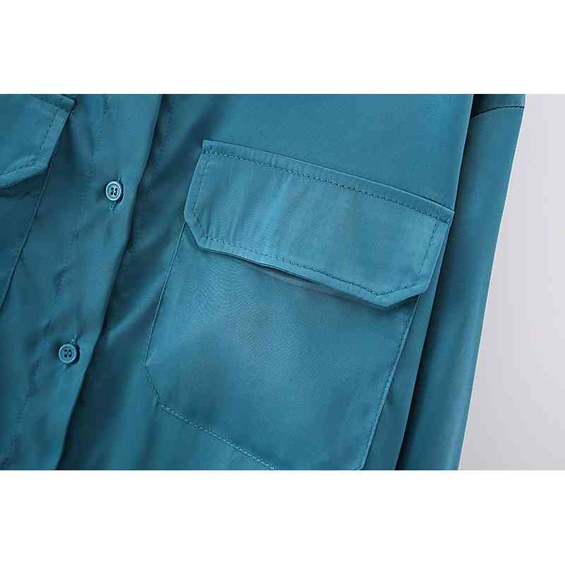 Elegant Women Satin Turn Down Collar Shirts Fashion Ladies Pocket Tops Streetwear Female Chic Button Solid Blouse 210430