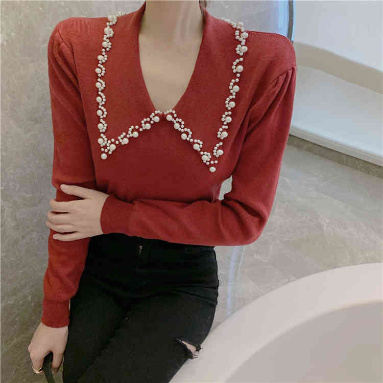 Vintage Women Sweet Peter Pan Collar Beading Office Lady Korean Fashion Elegant Casual Long Sleeve Chic Knitted Sweaters 210519