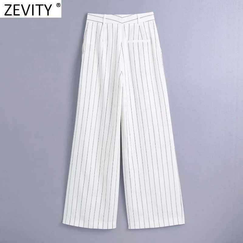 Zevity Women Vintage Striped Print Pocket Wide Leg Pants Retro Female Chic Zipper Fly Casual Slim Long Trousers P1107 210603